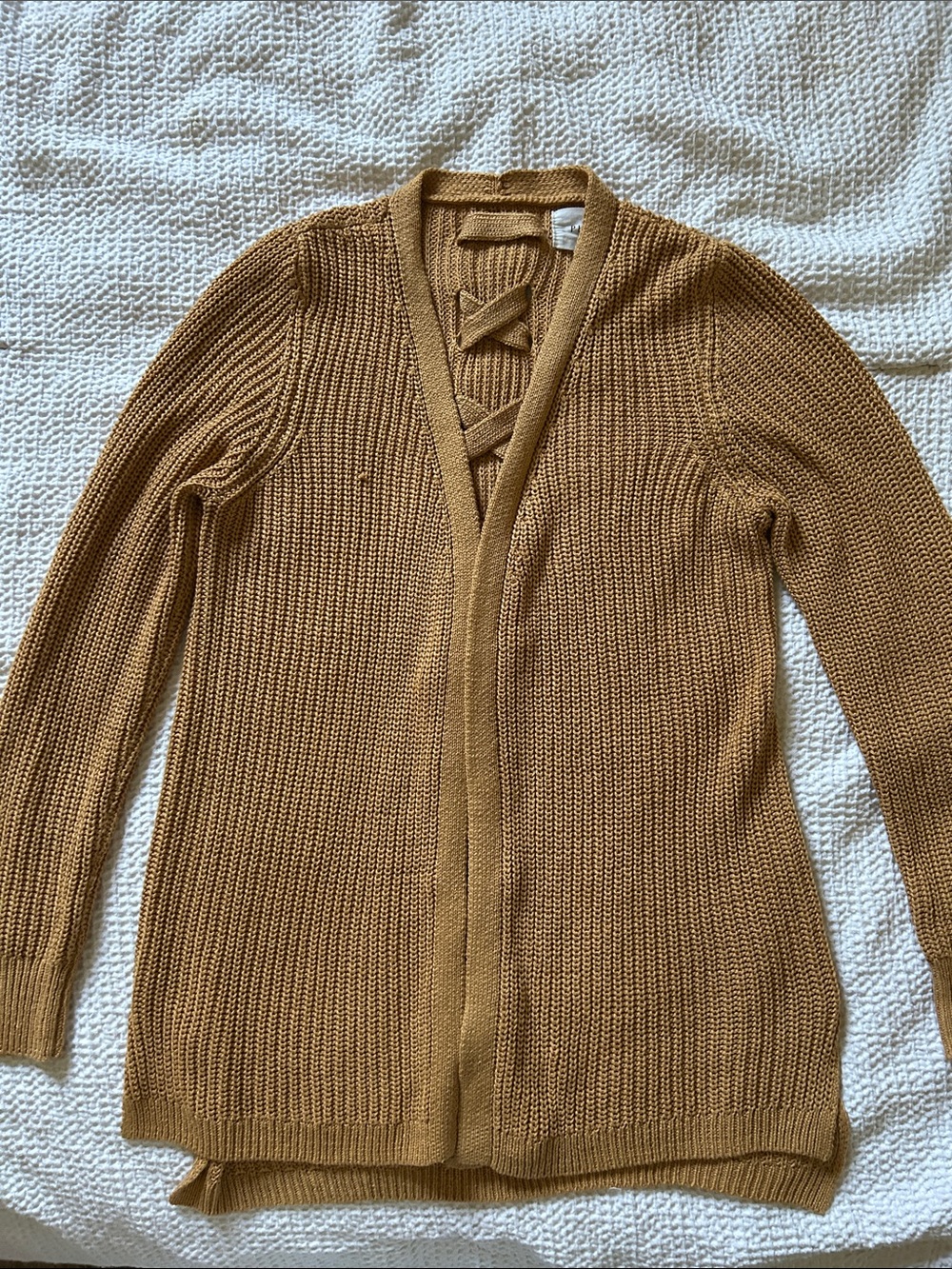 Women’s Lace-Back Knit Cardigan - Camel/Tan - Picture 2 of 4